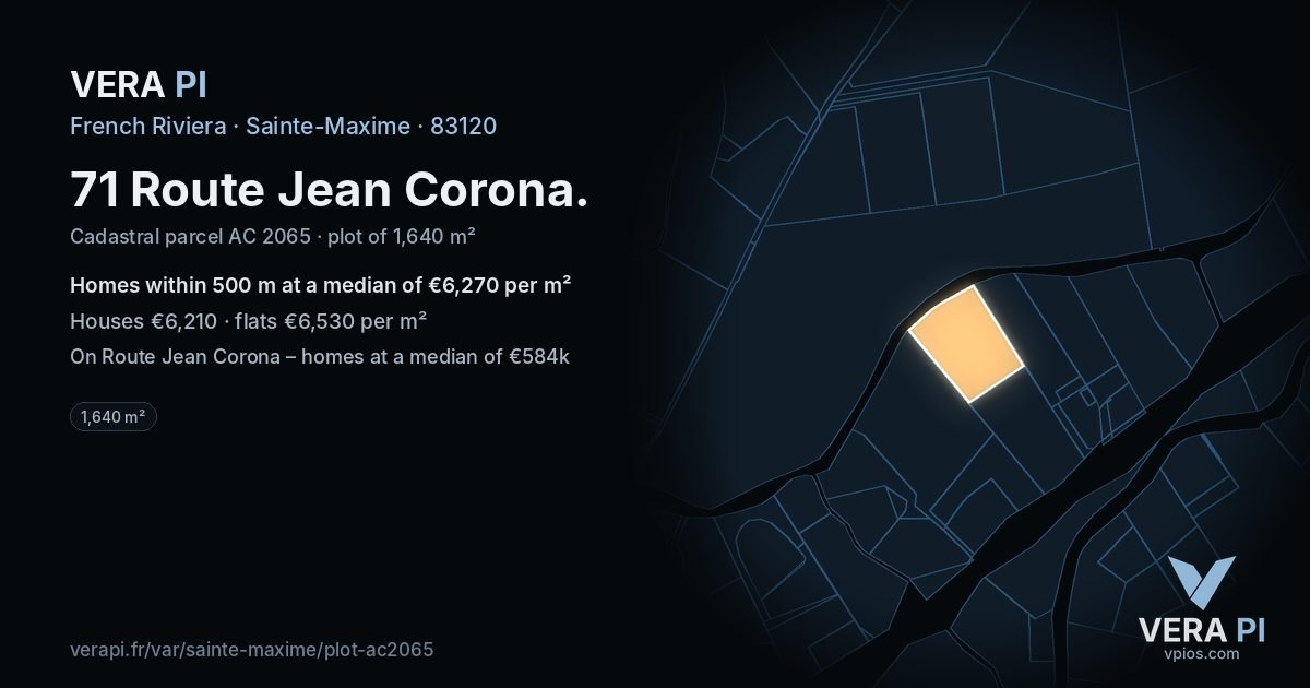 71 Route Jean Corona, Sainte-Maxime at night – the plot lit, the parcels around coloured by the prices near them