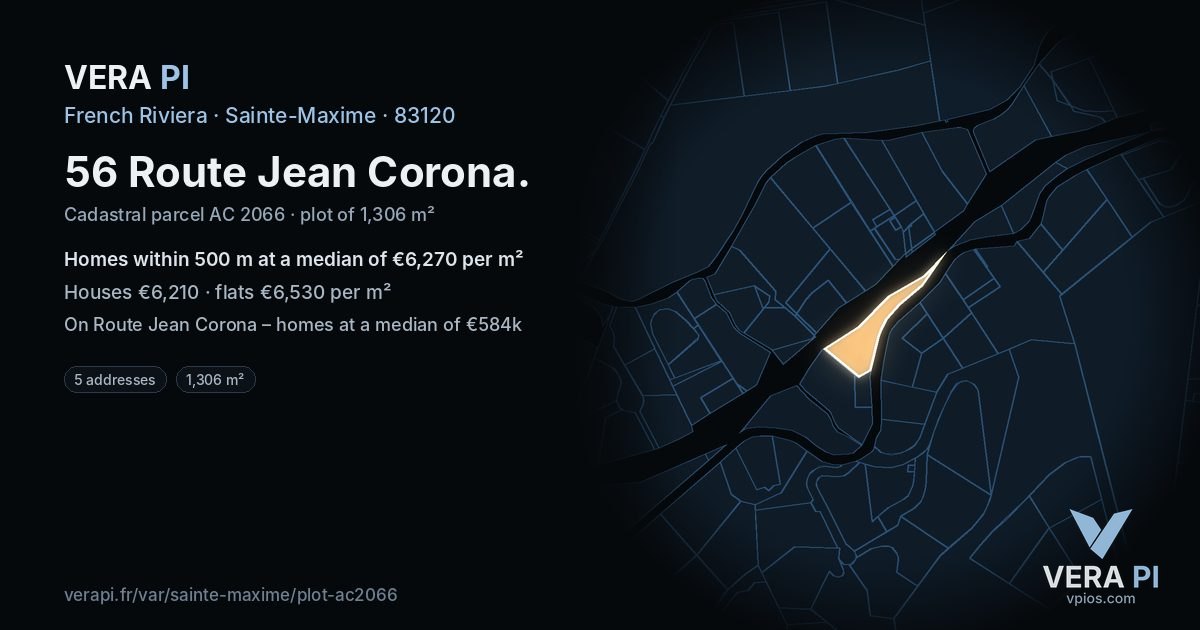 56 Route Jean Corona, Sainte-Maxime at night – the plot lit, the parcels around coloured by the prices near them