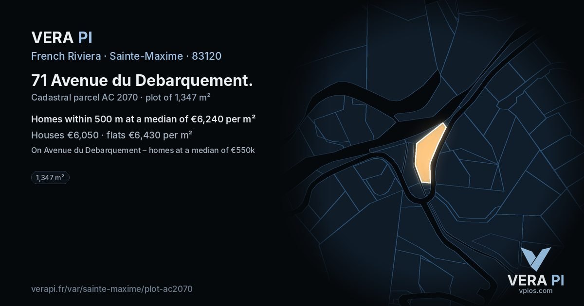 71 Avenue du Debarquement, Sainte-Maxime at night – the plot lit, the parcels around coloured by the prices near them