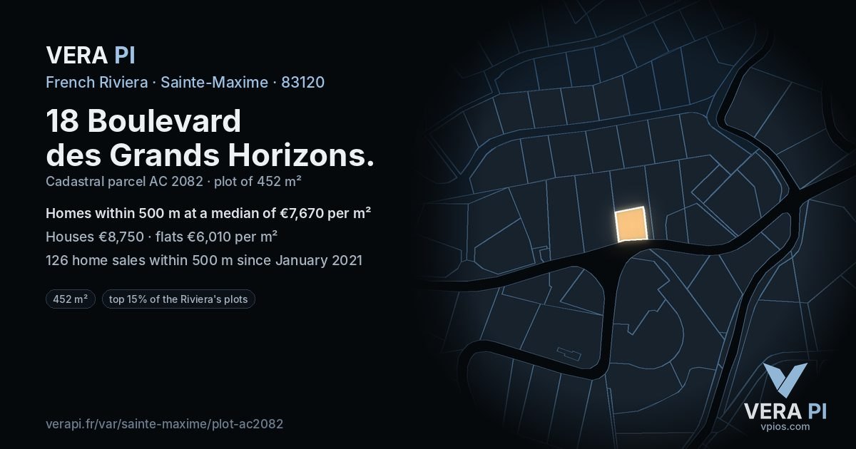 18 Boulevard des Grands Horizons, Sainte-Maxime at night – the plot lit, the parcels around coloured by the prices near them
