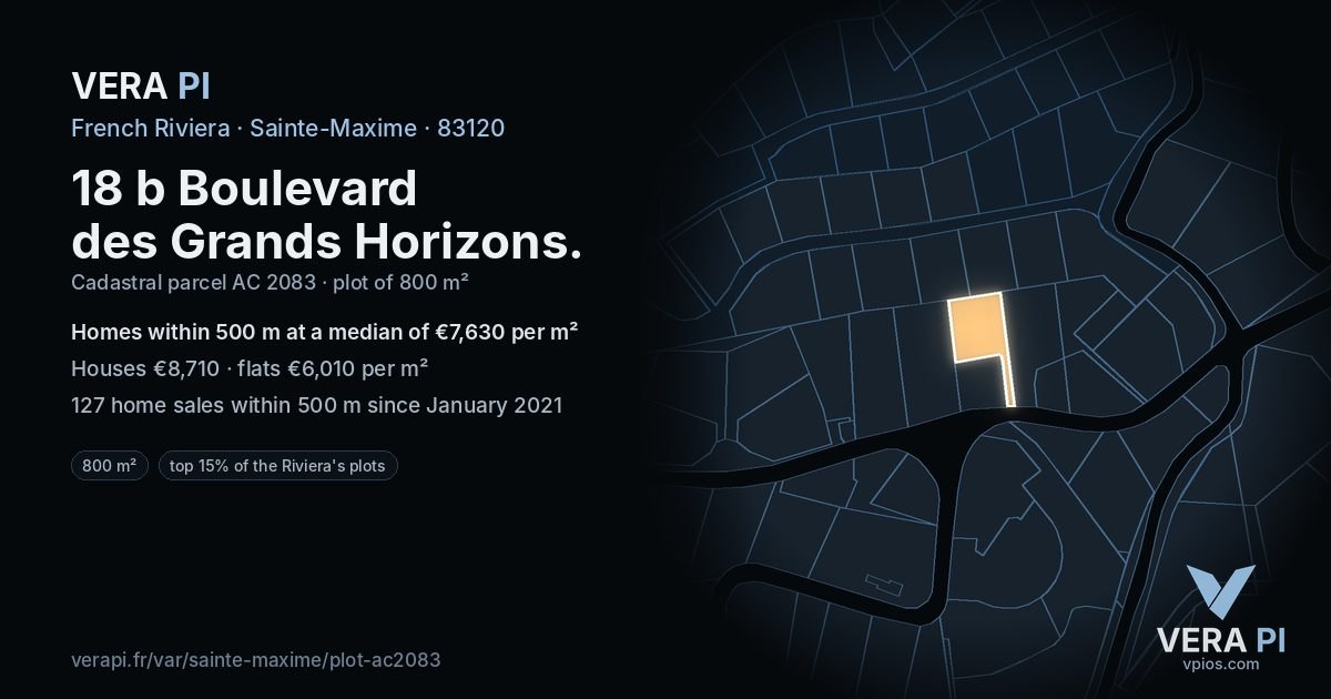 18 b Boulevard des Grands Horizons, Sainte-Maxime at night – the plot lit, the parcels around coloured by the prices near them