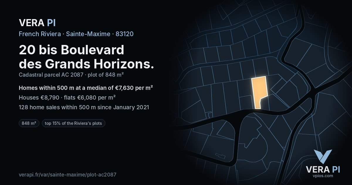 20 bis Boulevard des Grands Horizons, Sainte-Maxime at night – the plot lit, the parcels around coloured by the prices near them