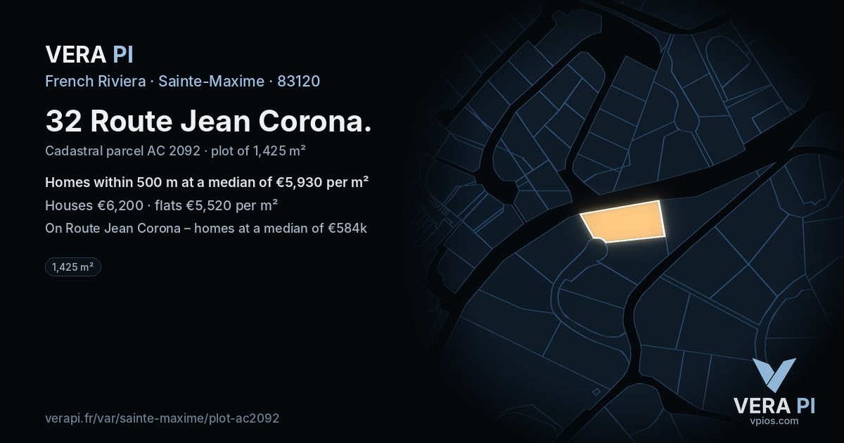 32 Route Jean Corona, Sainte-Maxime at night – the plot lit, the parcels around coloured by the prices near them