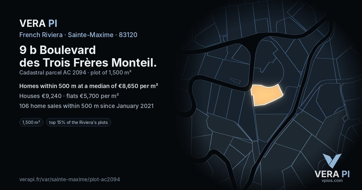 9 b Boulevard des Trois Frères Monteil, Sainte-Maxime at night – the plot lit, the parcels around coloured by the prices near them