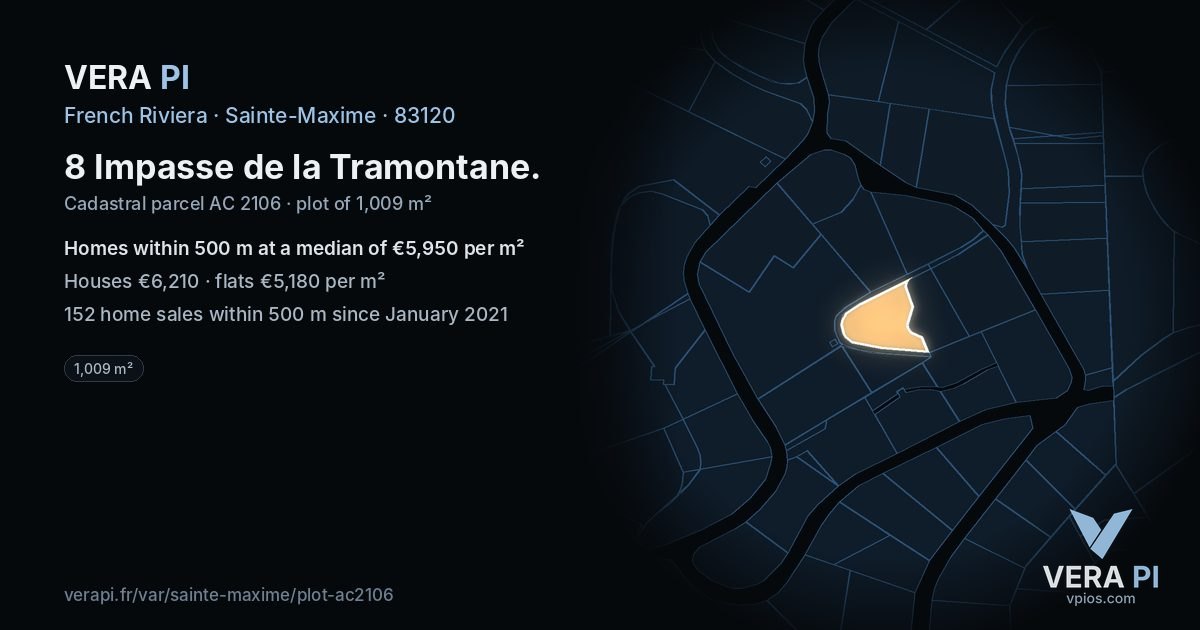 8 Impasse de la Tramontane, Sainte-Maxime at night – the plot lit, the parcels around coloured by the prices near them