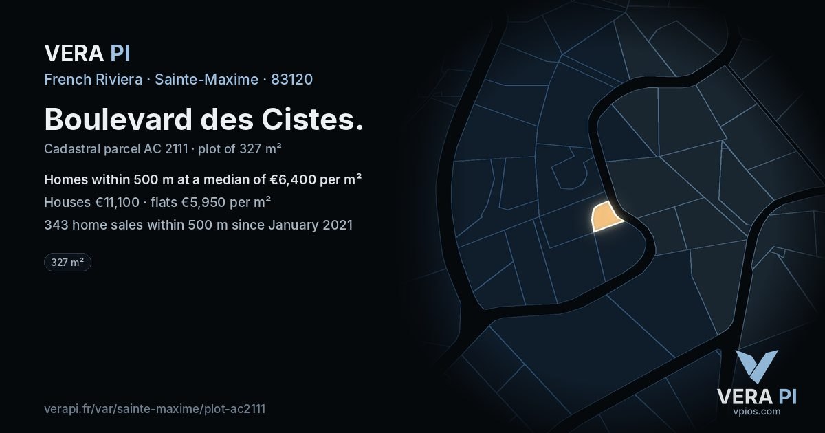 Boulevard des Cistes, Sainte-Maxime at night – the plot lit, the parcels around coloured by the prices near them