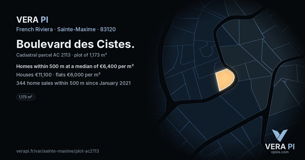 Boulevard des Cistes, Sainte-Maxime at night – the plot lit, the parcels around coloured by the prices near them