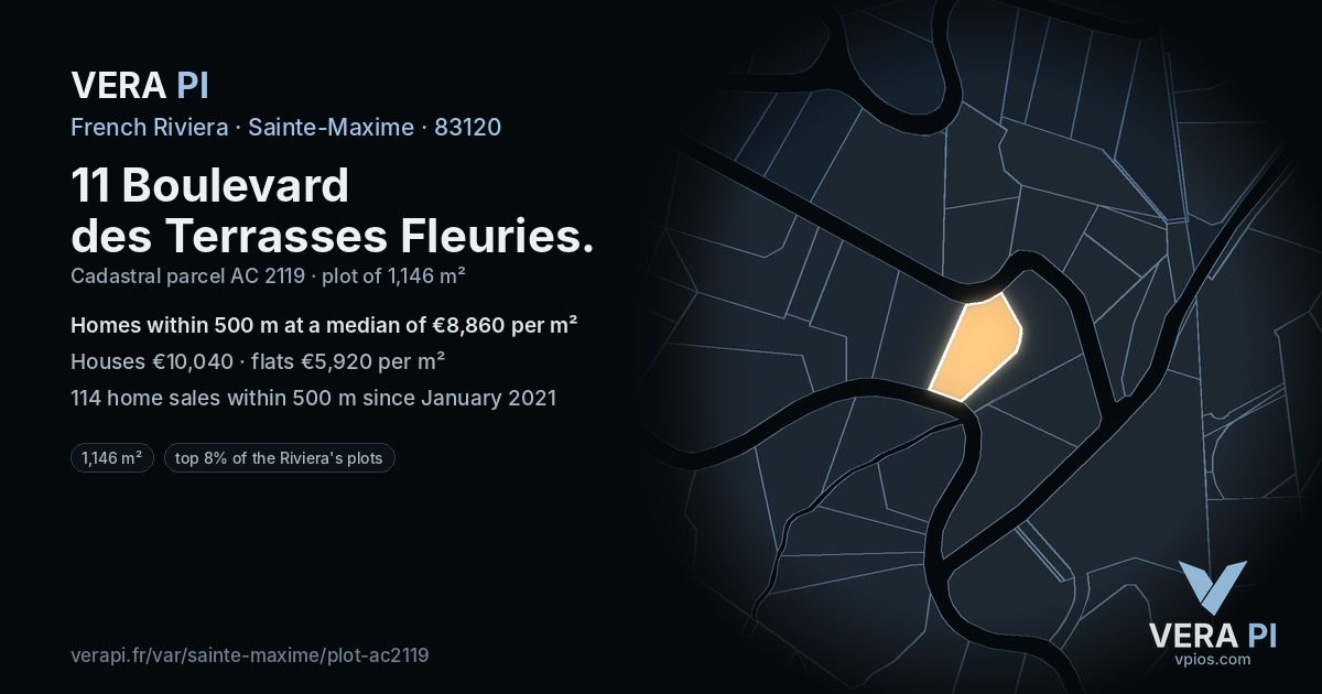 11 Boulevard des Terrasses Fleuries, Sainte-Maxime at night – the plot lit, the parcels around coloured by the prices near them