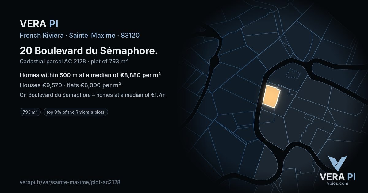 20 Boulevard du Sémaphore, Sainte-Maxime at night – the plot lit, the parcels around coloured by the prices near them