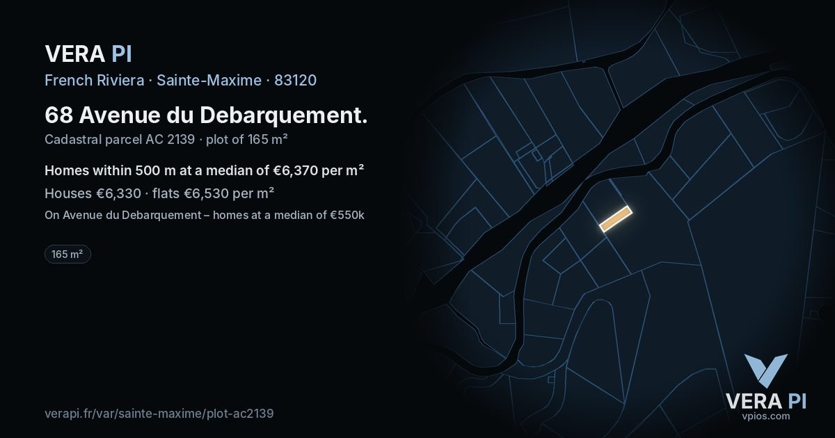68 Avenue du Debarquement, Sainte-Maxime at night – the plot lit, the parcels around coloured by the prices near them