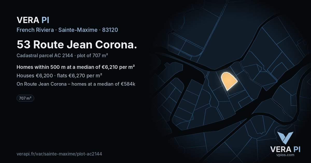53 Route Jean Corona, Sainte-Maxime at night – the plot lit, the parcels around coloured by the prices near them