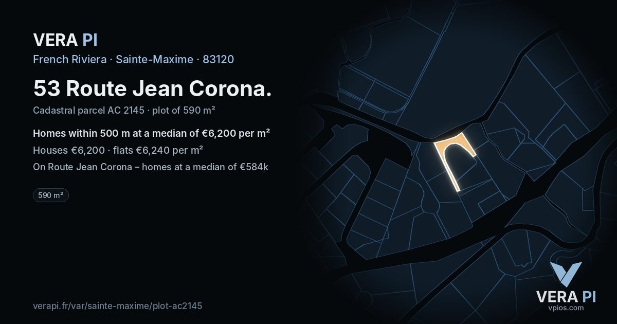 53 Route Jean Corona, Sainte-Maxime at night – the plot lit, the parcels around coloured by the prices near them