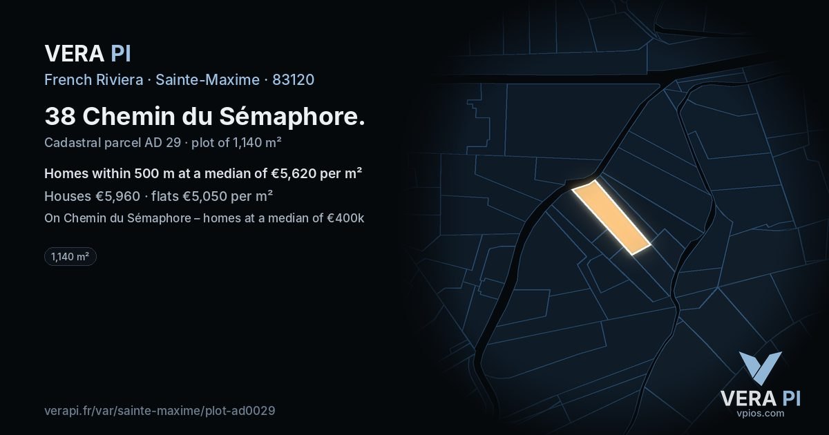 38 Chemin du Sémaphore, Sainte-Maxime at night – the plot lit, the parcels around coloured by the prices near them