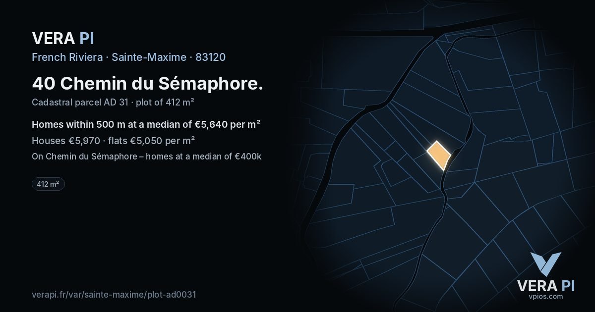 40 Chemin du Sémaphore, Sainte-Maxime at night – the plot lit, the parcels around coloured by the prices near them