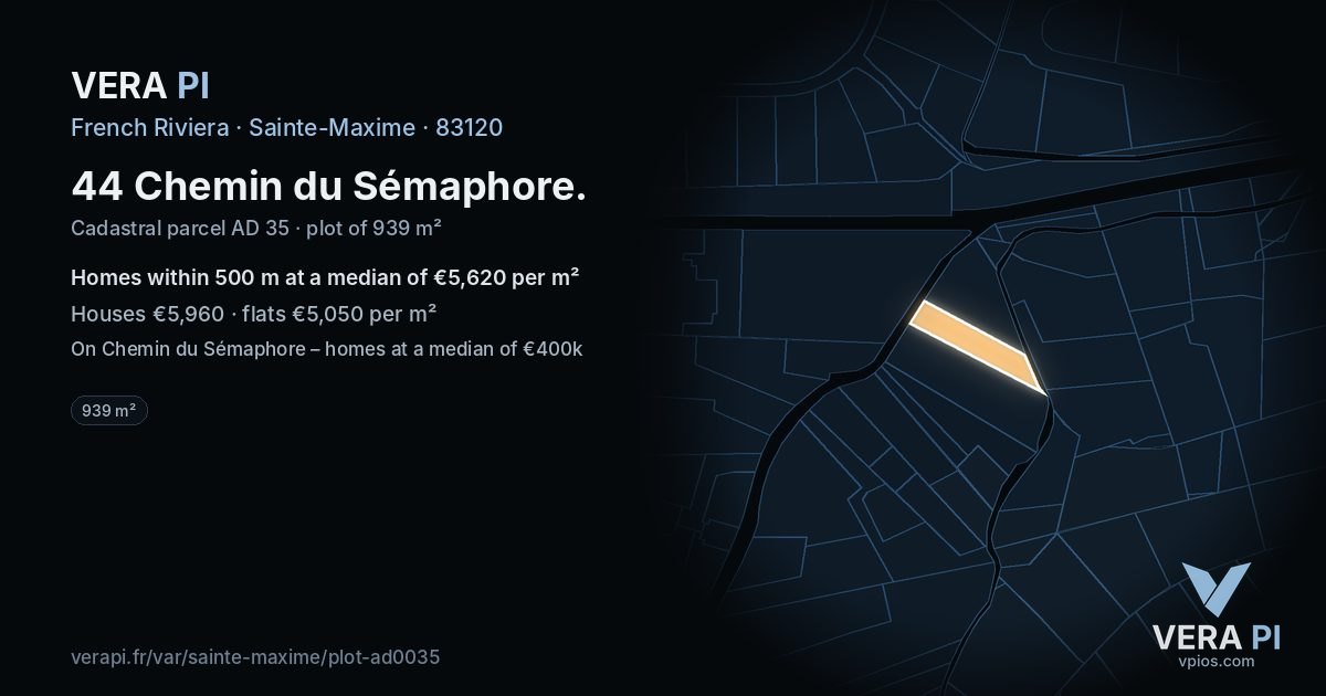 44 Chemin du Sémaphore, Sainte-Maxime at night – the plot lit, the parcels around coloured by the prices near them