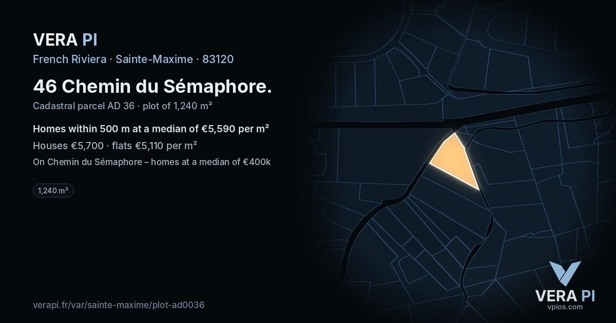 46 Chemin du Sémaphore, Sainte-Maxime at night – the plot lit, the parcels around coloured by the prices near them