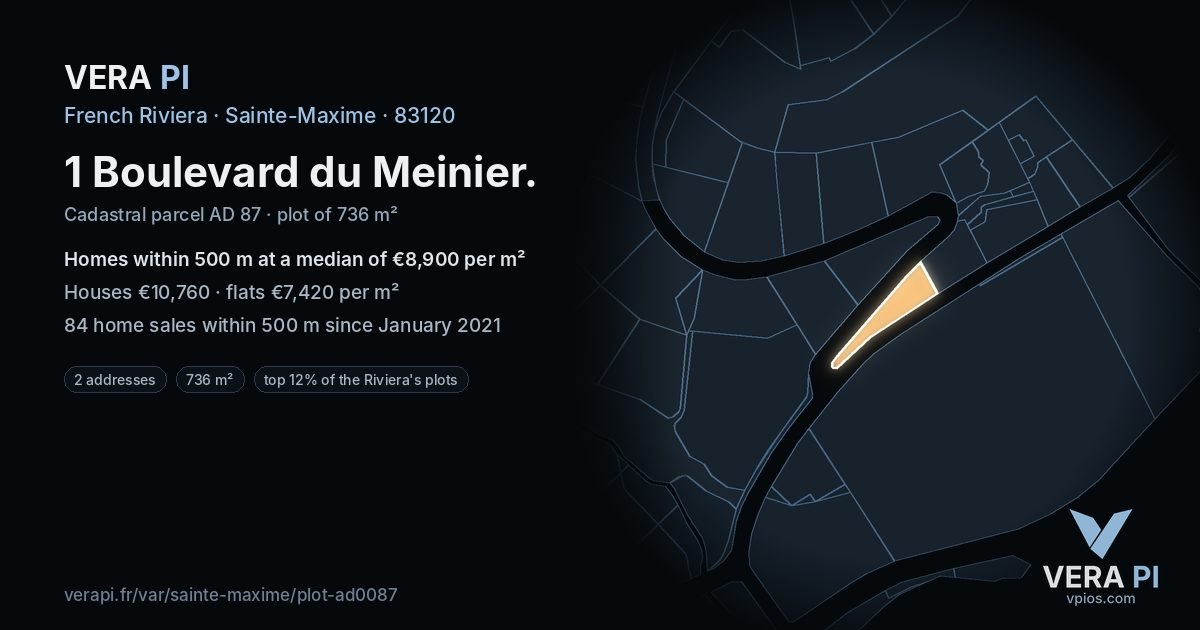 1 Boulevard du Meinier, Sainte-Maxime at night – the plot lit, the parcels around coloured by the prices near them