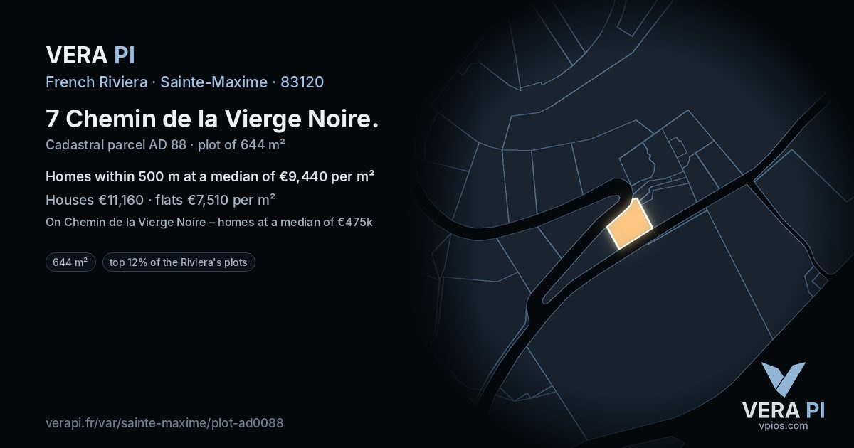 7 Chemin de la Vierge Noire, Sainte-Maxime at night – the plot lit, the parcels around coloured by the prices near them