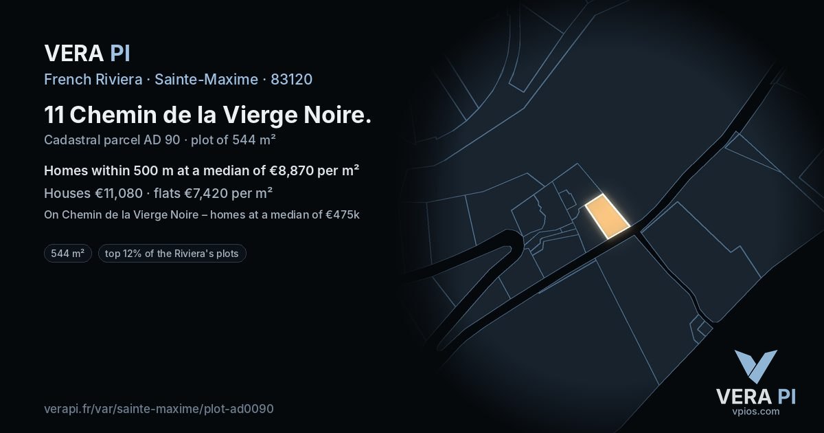 11 Chemin de la Vierge Noire, Sainte-Maxime at night – the plot lit, the parcels around coloured by the prices near them