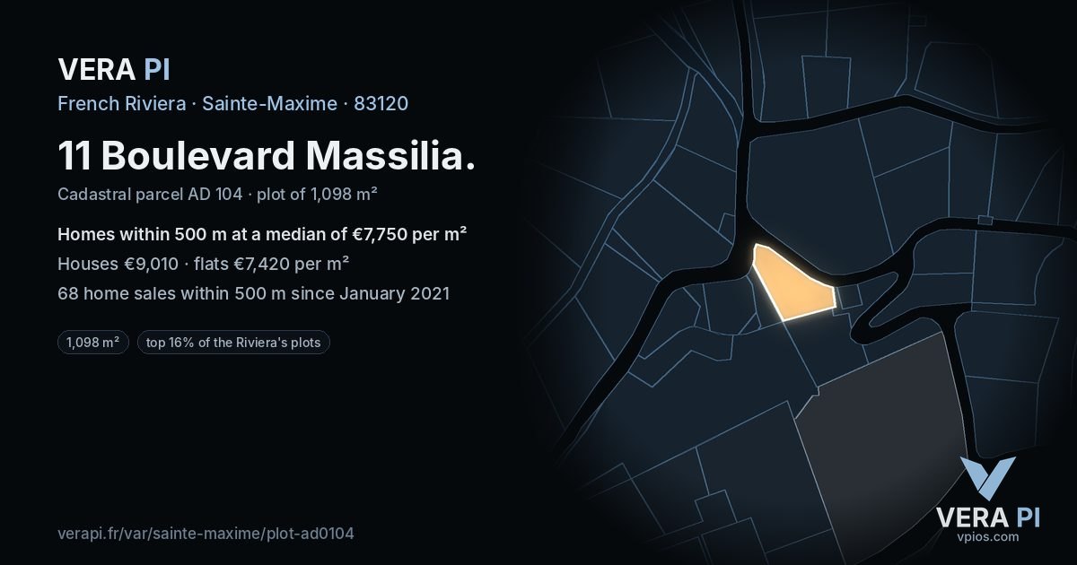 11 Boulevard Massilia, Sainte-Maxime at night – the plot lit, the parcels around coloured by the prices near them