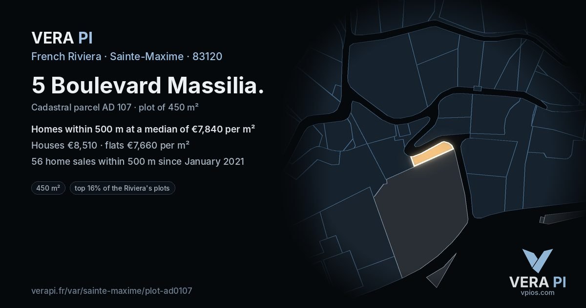 5 Boulevard Massilia, Sainte-Maxime at night – the plot lit, the parcels around coloured by the prices near them