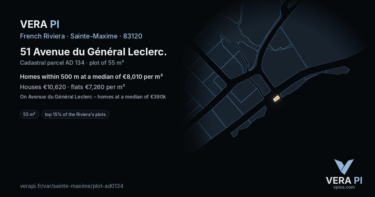 51 Avenue du Général Leclerc, Sainte-Maxime at night – the plot lit, the parcels around coloured by the prices near them