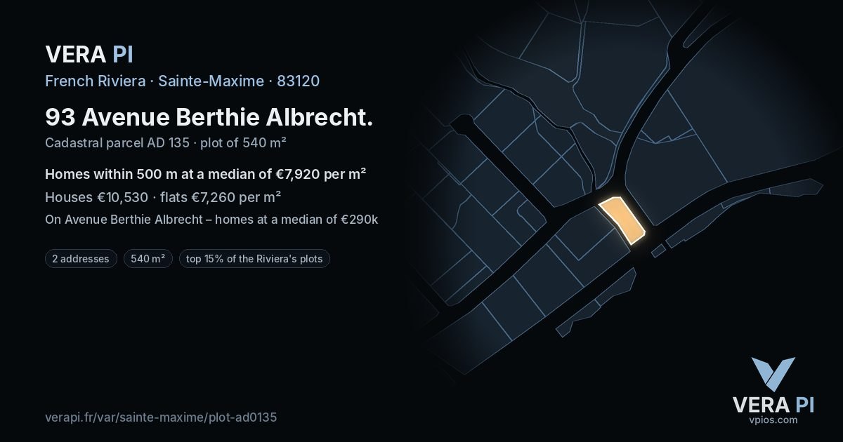 93 Avenue Berthie Albrecht, Sainte-Maxime at night – the plot lit, the parcels around coloured by the prices near them