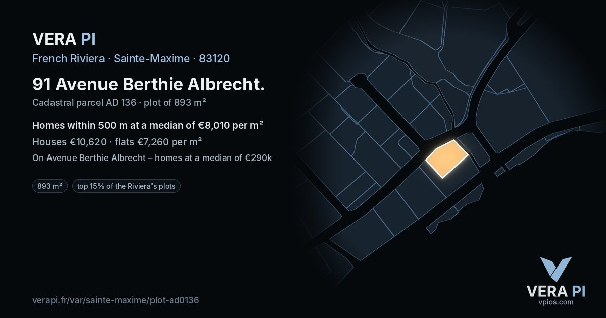 91 Avenue Berthie Albrecht, Sainte-Maxime at night – the plot lit, the parcels around coloured by the prices near them
