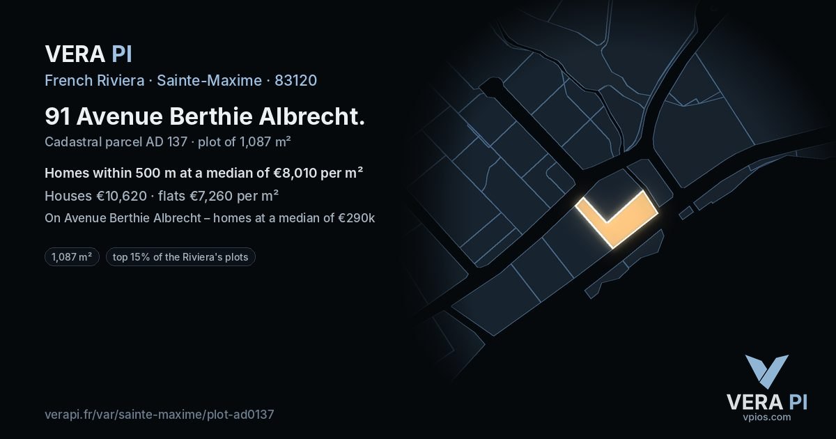91 Avenue Berthie Albrecht, Sainte-Maxime at night – the plot lit, the parcels around coloured by the prices near them