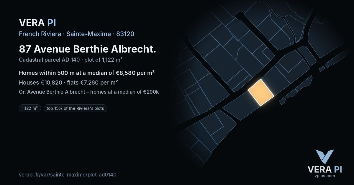 87 Avenue Berthie Albrecht, Sainte-Maxime at night – the plot lit, the parcels around coloured by the prices near them