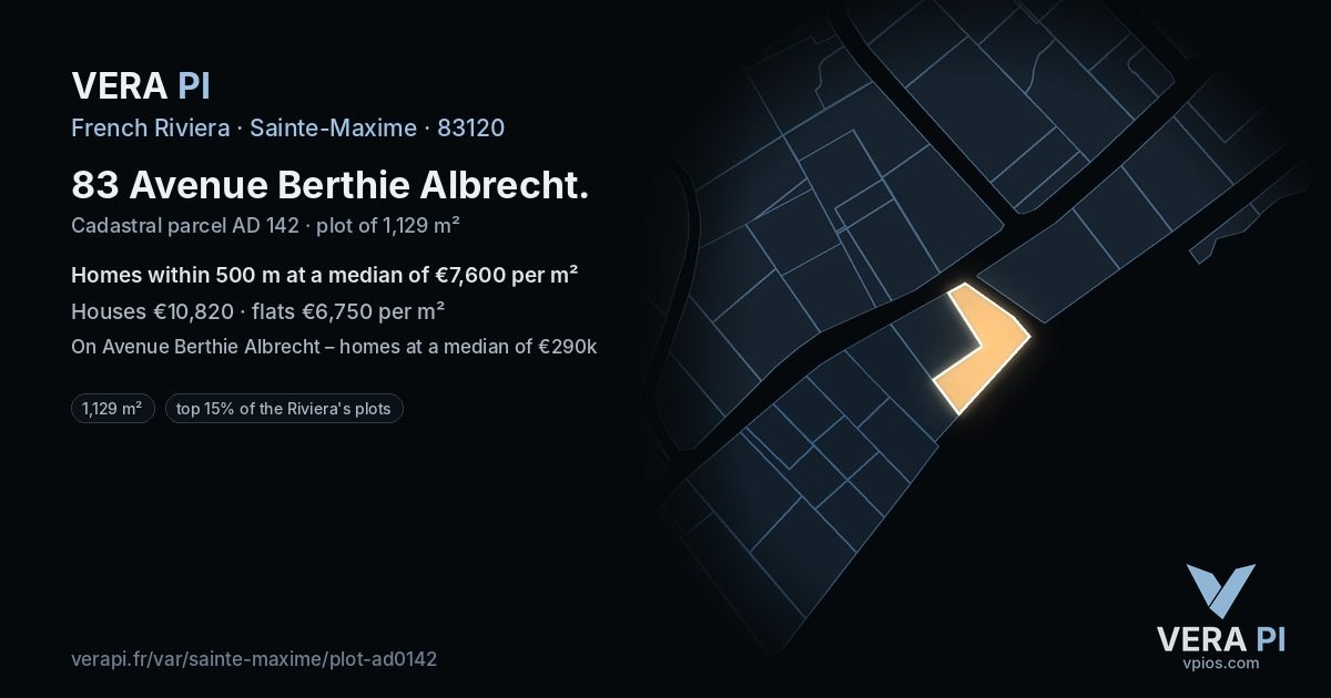 83 Avenue Berthie Albrecht, Sainte-Maxime at night – the plot lit, the parcels around coloured by the prices near them