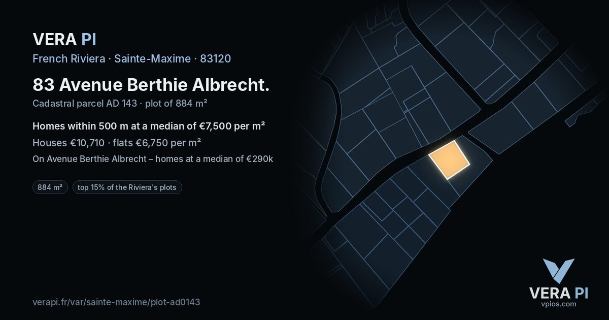 83 Avenue Berthie Albrecht, Sainte-Maxime at night – the plot lit, the parcels around coloured by the prices near them