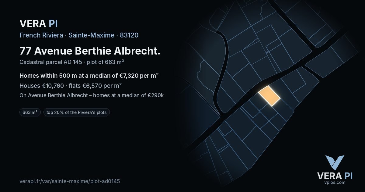 77 Avenue Berthie Albrecht, Sainte-Maxime at night – the plot lit, the parcels around coloured by the prices near them