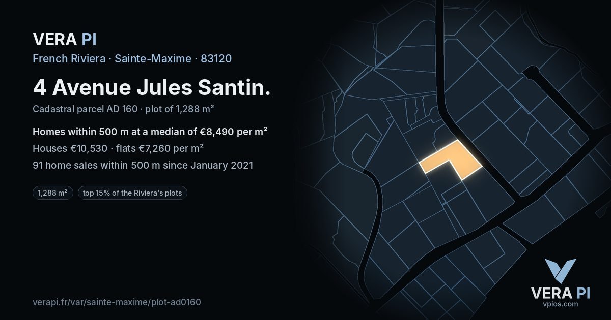 4 Avenue Jules Santin, Sainte-Maxime at night – the plot lit, the parcels around coloured by the prices near them
