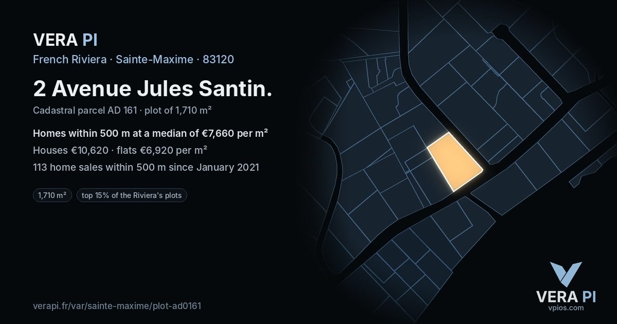 2 Avenue Jules Santin, Sainte-Maxime at night – the plot lit, the parcels around coloured by the prices near them