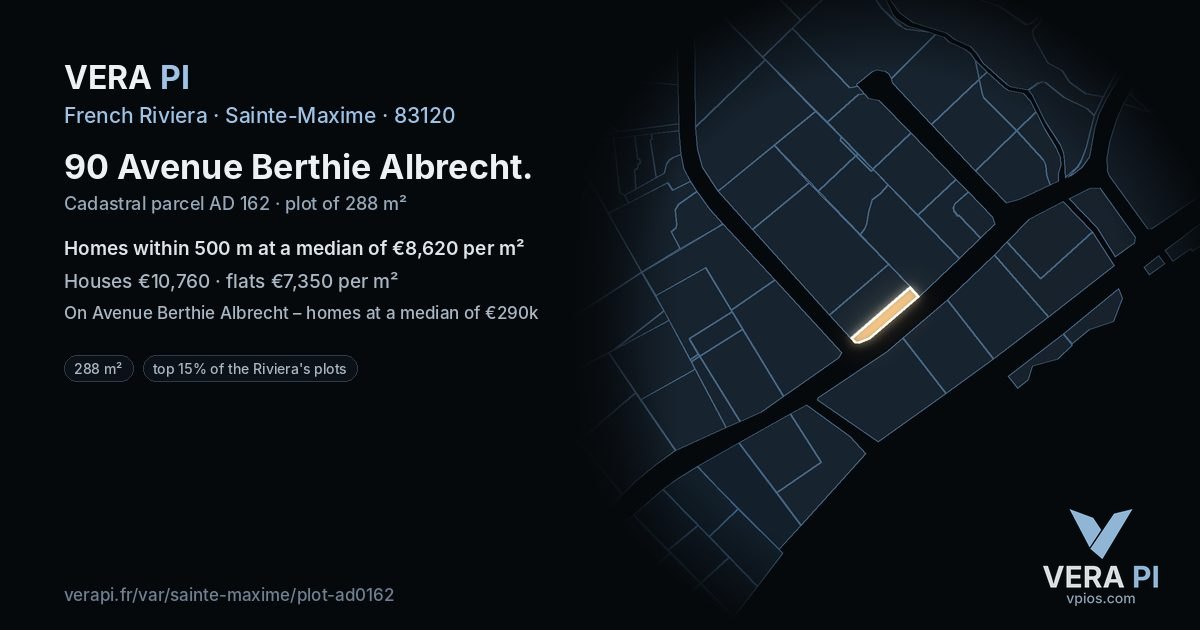 90 Avenue Berthie Albrecht, Sainte-Maxime at night – the plot lit, the parcels around coloured by the prices near them