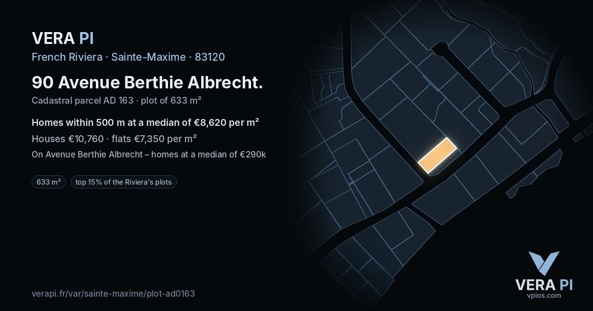 90 Avenue Berthie Albrecht, Sainte-Maxime at night – the plot lit, the parcels around coloured by the prices near them