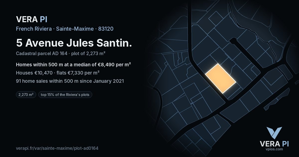 5 Avenue Jules Santin, Sainte-Maxime at night – the plot lit, the parcels around coloured by the prices near them