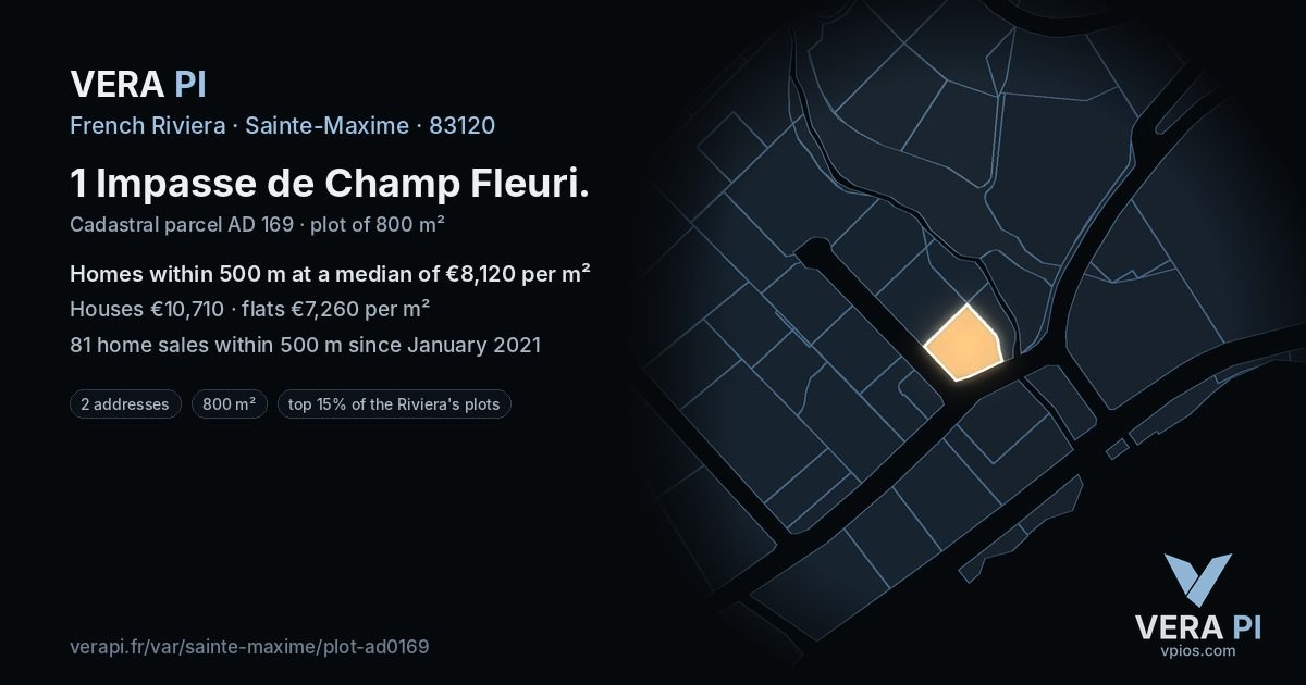 1 Impasse de Champ Fleuri, Sainte-Maxime at night – the plot lit, the parcels around coloured by the prices near them