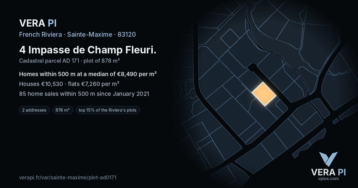 4 Impasse de Champ Fleuri, Sainte-Maxime at night – the plot lit, the parcels around coloured by the prices near them