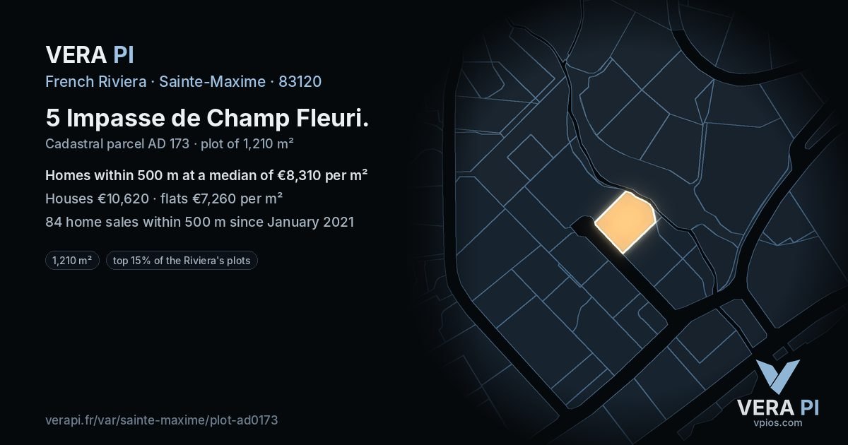 5 Impasse de Champ Fleuri, Sainte-Maxime at night – the plot lit, the parcels around coloured by the prices near them