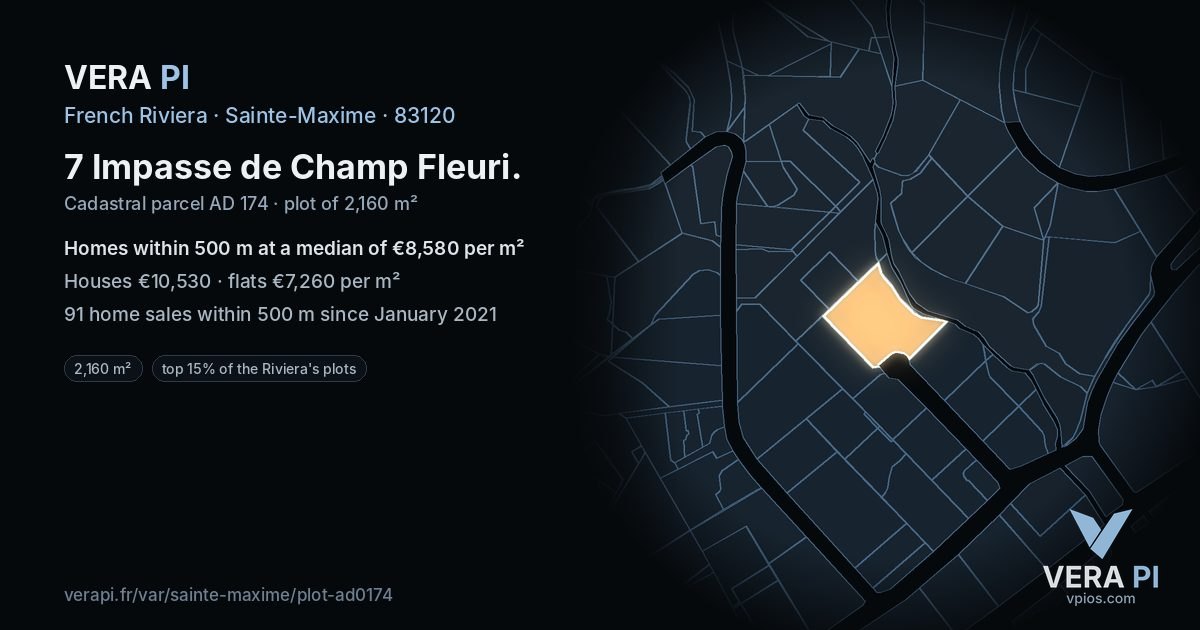 7 Impasse de Champ Fleuri, Sainte-Maxime at night – the plot lit, the parcels around coloured by the prices near them