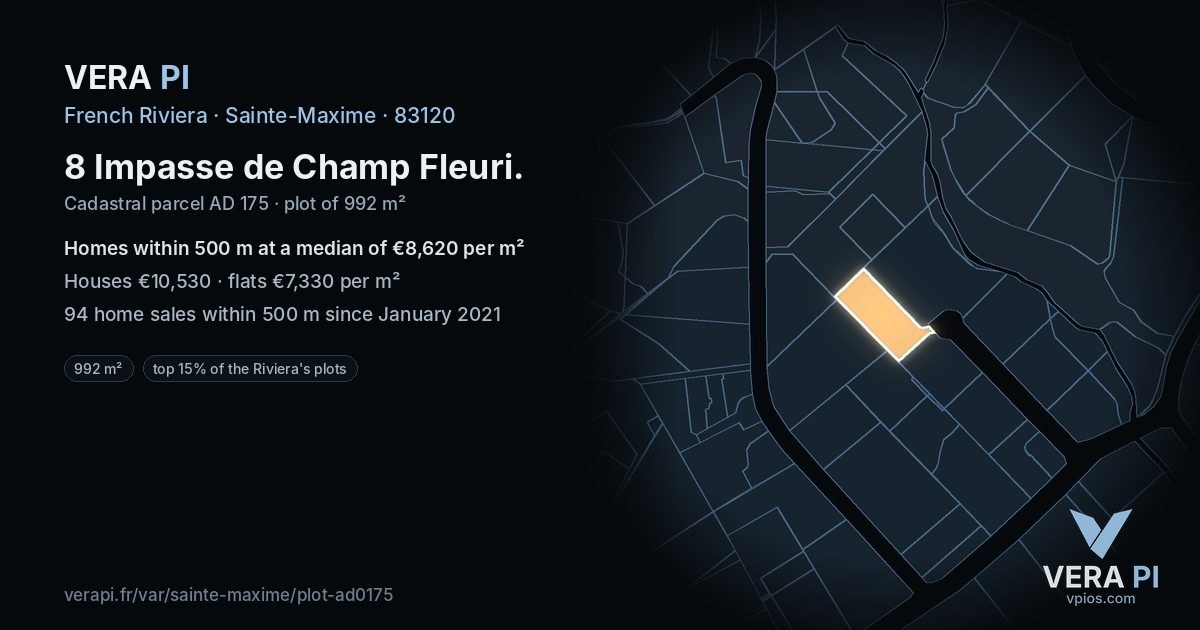 8 Impasse de Champ Fleuri, Sainte-Maxime at night – the plot lit, the parcels around coloured by the prices near them