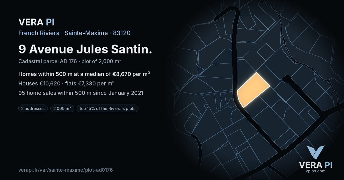 9 Avenue Jules Santin, Sainte-Maxime at night – the plot lit, the parcels around coloured by the prices near them