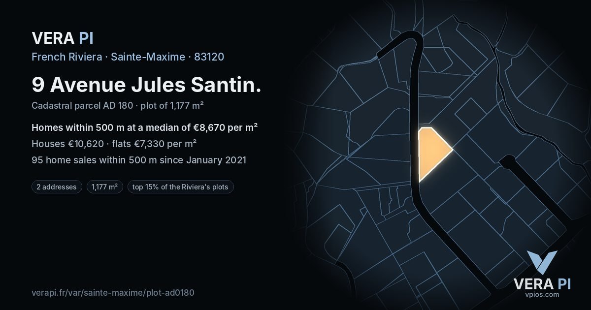 9 Avenue Jules Santin, Sainte-Maxime at night – the plot lit, the parcels around coloured by the prices near them