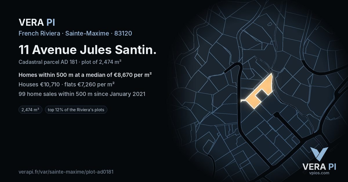11 Avenue Jules Santin, Sainte-Maxime at night – the plot lit, the parcels around coloured by the prices near them