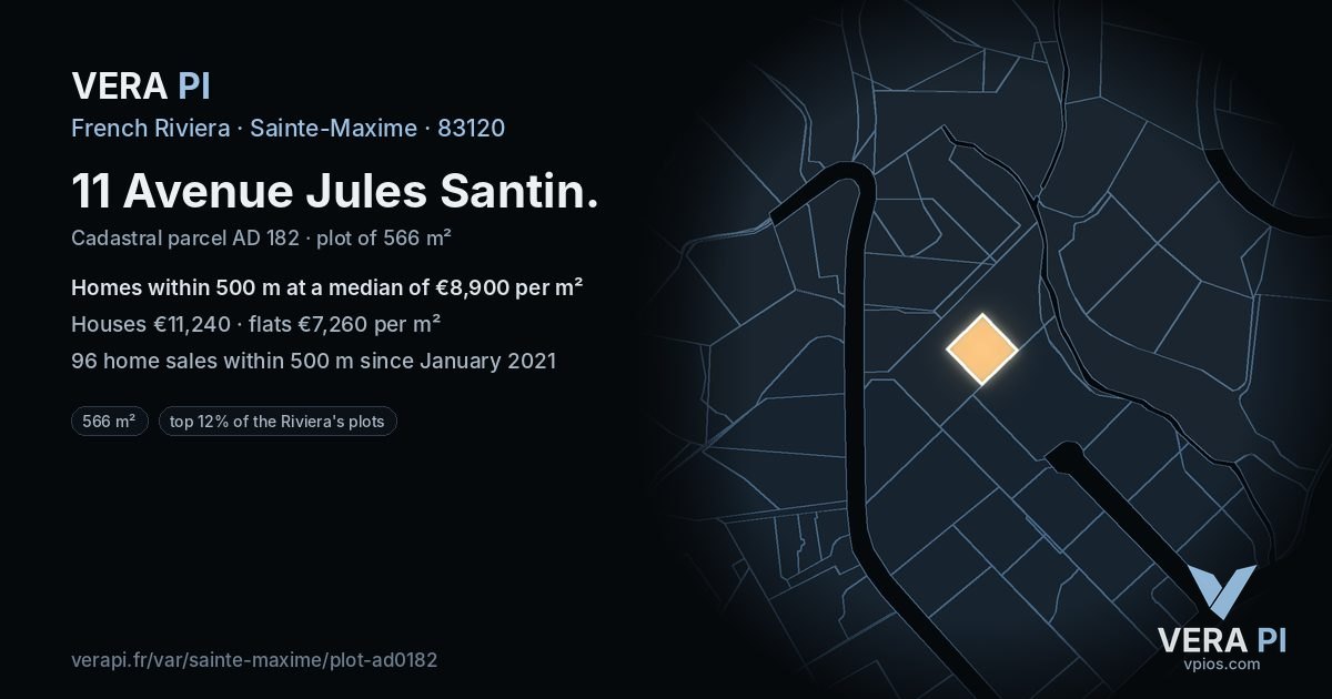 11 Avenue Jules Santin, Sainte-Maxime at night – the plot lit, the parcels around coloured by the prices near them