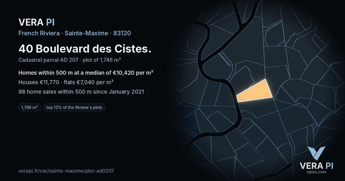 40 Boulevard des Cistes, Sainte-Maxime at night – the plot lit, the parcels around coloured by the prices near them
