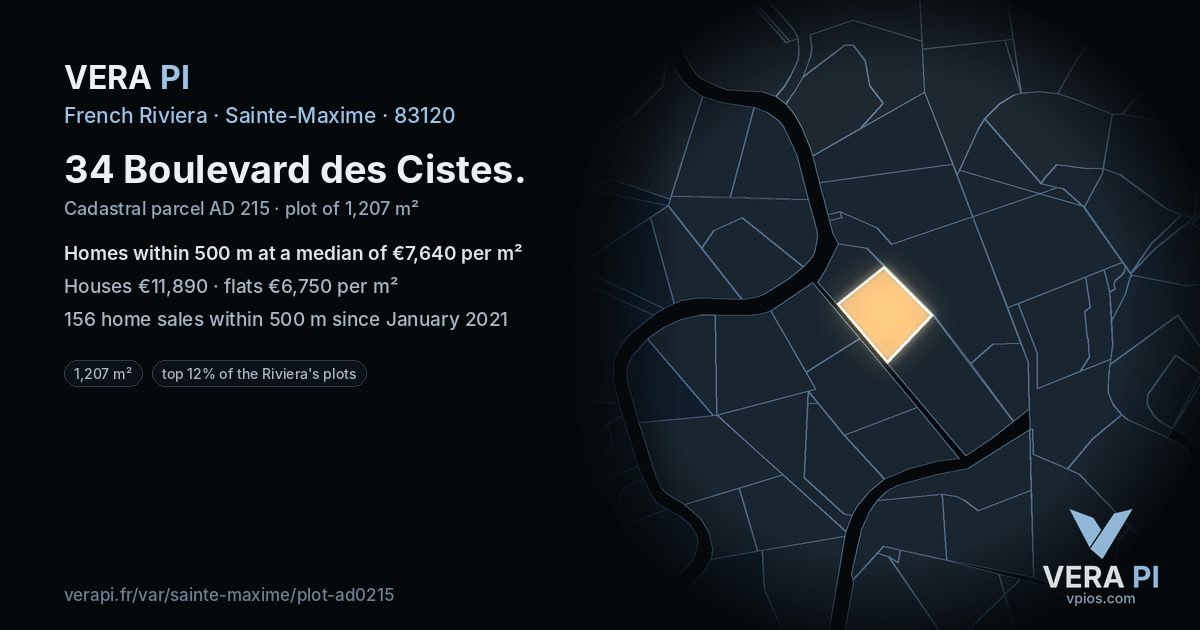 34 Boulevard des Cistes, Sainte-Maxime at night – the plot lit, the parcels around coloured by the prices near them