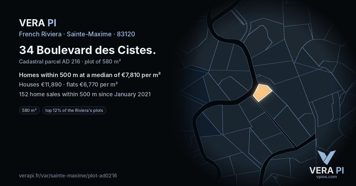 34 Boulevard des Cistes, Sainte-Maxime at night – the plot lit, the parcels around coloured by the prices near them